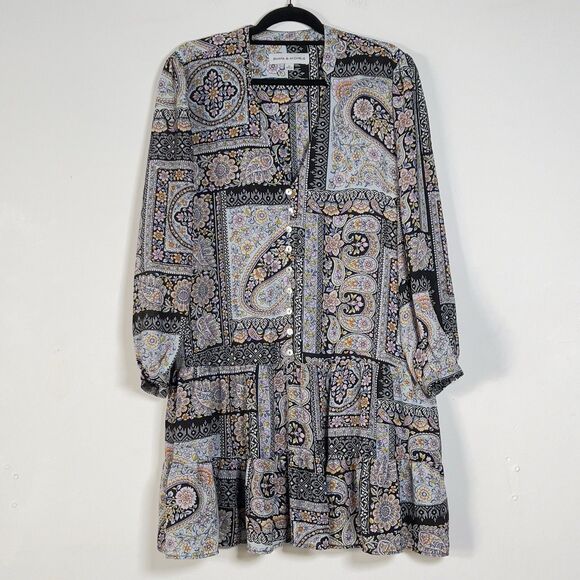 Emma & Michele V-Neck Shift Babydoll Dress Womens Sz XL Scarf Print Long Sleeve - Picture 2 of 11